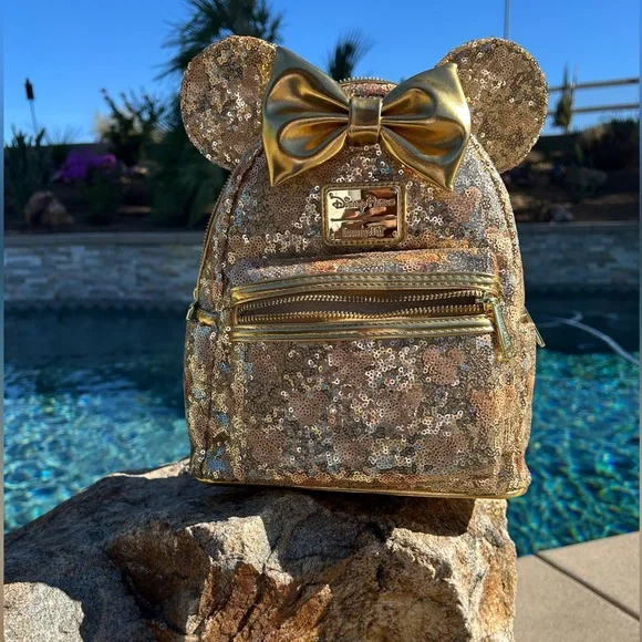 Disney Loungefly NWT Backpack Gold Sparkle,Minnie Ears.Gold Hrdwr. Host Pick - Picture 8 of 12